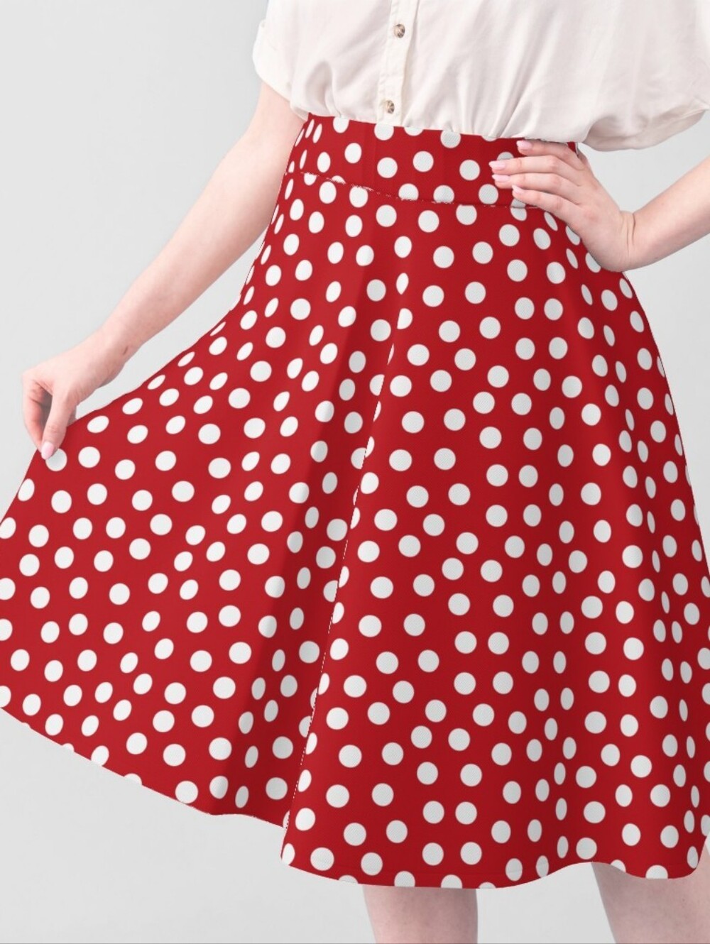 Red Polka Dot A-Line Skirt with White Dots 3X Pleats Midi Plus Curvy Rockabilly
